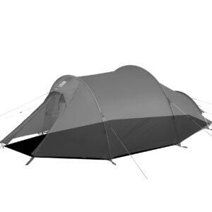 Blizzard-2-scaled-2.jpg Low-profile tunnel-style camping tent with a small open front vestibule and black sewn-in groundsheet, supported by curved poles and multiple taut guy lines staked out to the sides.