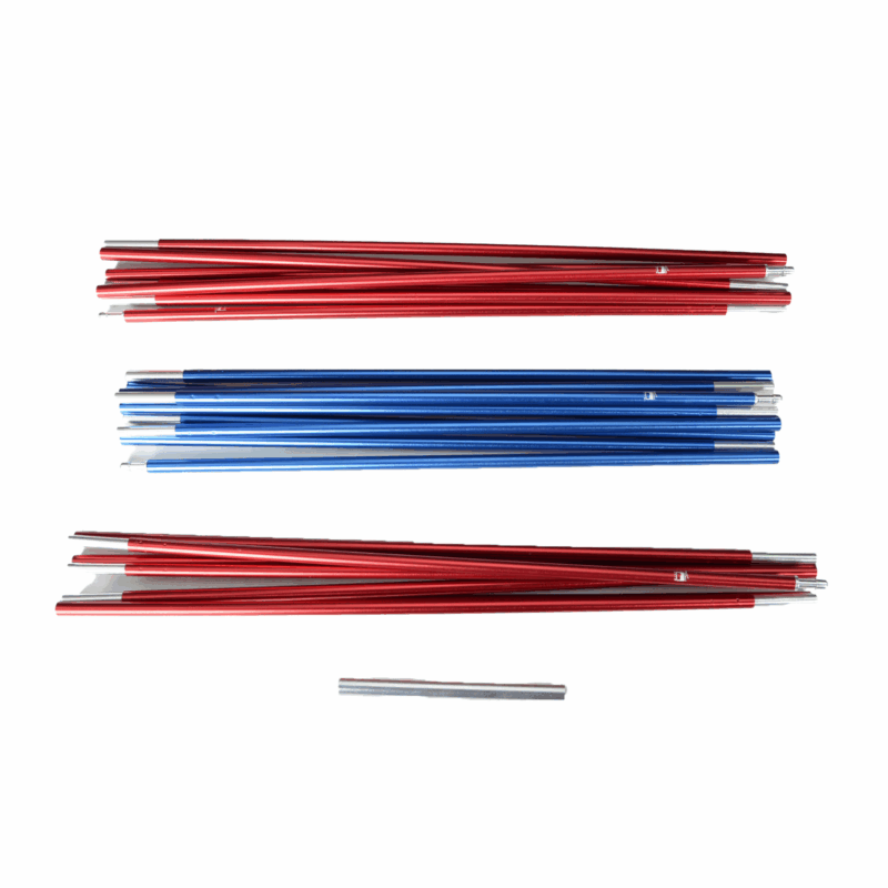 Several aluminium tent pole segments — two stacks of red rods and one stack of blue rods — arranged horizontally on a white background with a single short silver segment below.