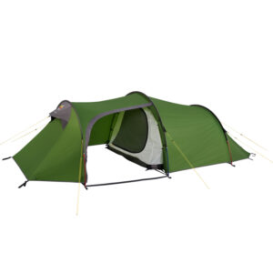 Green tunnel-style camping tent with an extended vestibule and open front showing a white mesh inner sleeping compartment, grey trim, yellow guy lines and black support poles on a plain white background