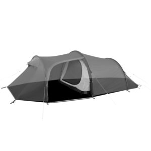 Blizzard-3-SS23-1500x1500-1-1.jpg Tunnel-style camping tent with the front vestibule open to show the inner mesh sleeping compartment, staked out with guy lines and a low black groundsheet.