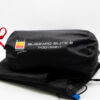 Black roll-style storage bag labelled Blizzard Elite 2 Footprint with a yellow-and-red Wild Country logo, red drawcord and folded black footprint fabric on a plain white background