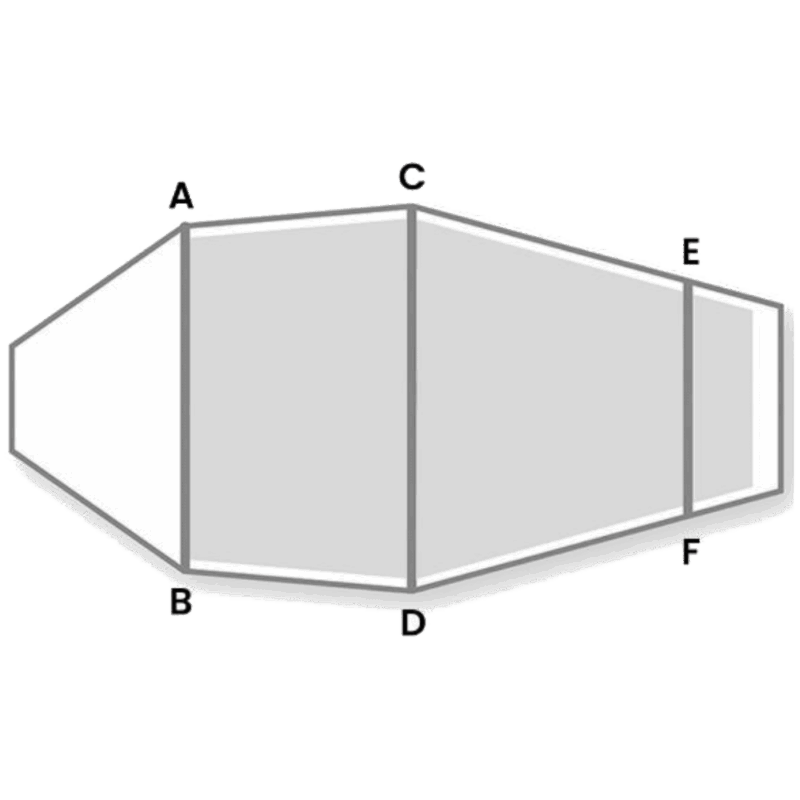 Angled perspective of a three-panel prism-like box with three vertical panels shaded grey and vertical edges labelled A (upper left), B (lower left), C (upper centre), D (lower centre), E (upper right) and F (lower right).