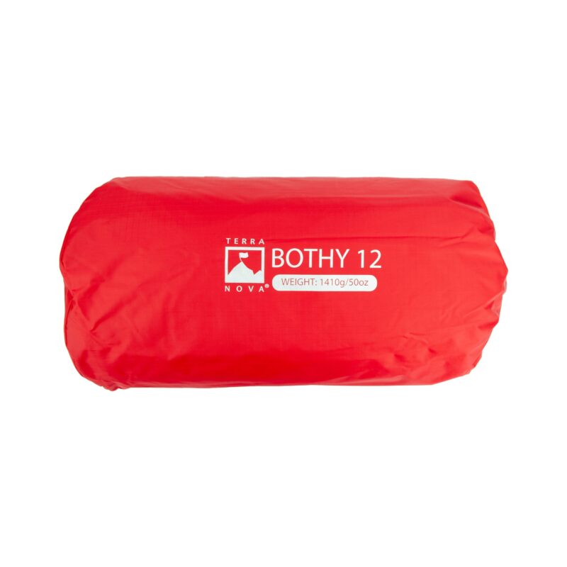 Red cylindrical compression bag on a white background with white 'Terra Nova BOTHY 12' logo and weight label reading 1410g/50oz