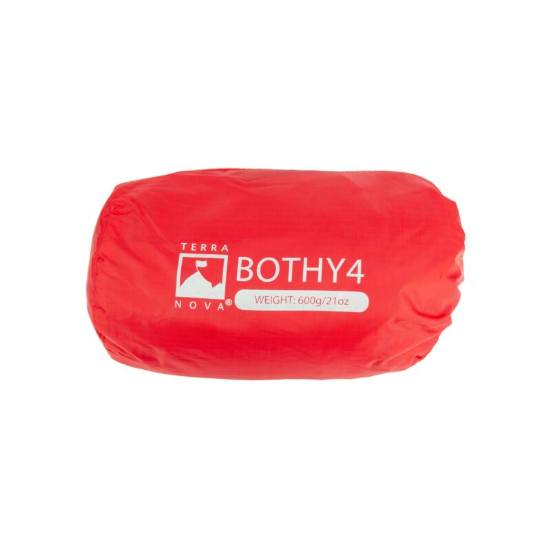 Red oval storage sack with white Terra Nova logo and text reading 'BOTHY4' and 'WEIGHT: 600g/21oz' printed on the side, shown on a white background