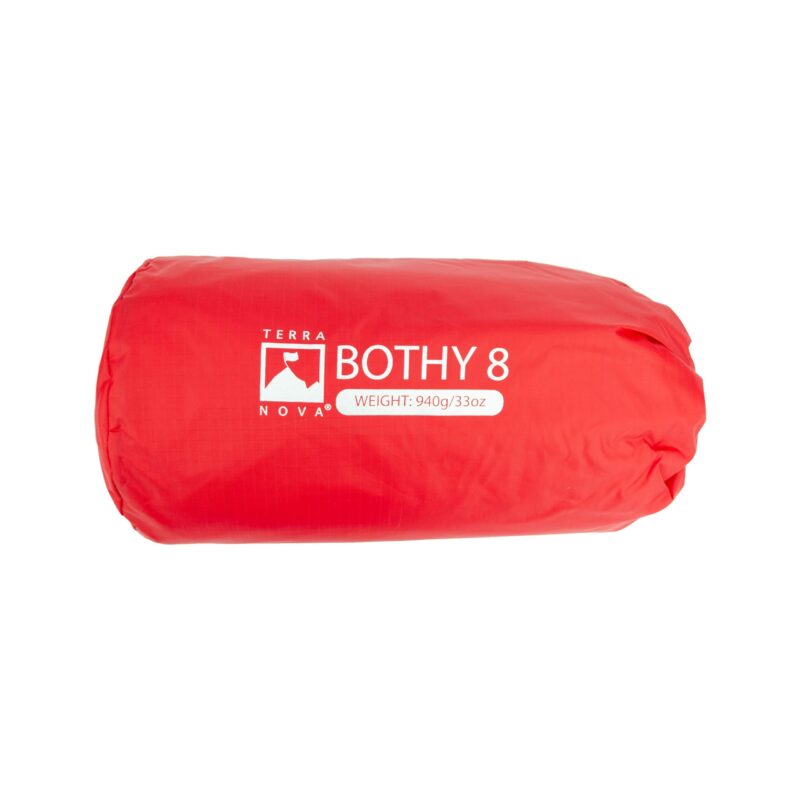 Red cylindrical stuff sack on a white background with a white 'Terra Nova BOTHY 8' logo and 'WEIGHT: 940g/33oz' printed on the side.