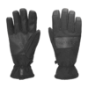 Pair of black insulated winter gloves laid flat on a white background, left glove showing a textured synthetic-leather palm and an elasticated cuff with an XDRY tag, right glove showing the back with a horizontal leather-look logo patch and slightly padded fingertips.