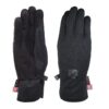 Pair of black winter gloves with long cuffs and adjustable Velcro wrist straps, left glove shown palm-up with textured grip and tag, right glove shown back-up displaying a subtle brand logo and small label tags.