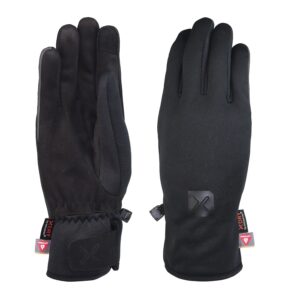 Pair of black winter gloves with long cuffs and adjustable Velcro wrist straps, left glove shown palm-up with textured grip and tag, right glove shown back-up displaying a subtle brand logo and small label tags.