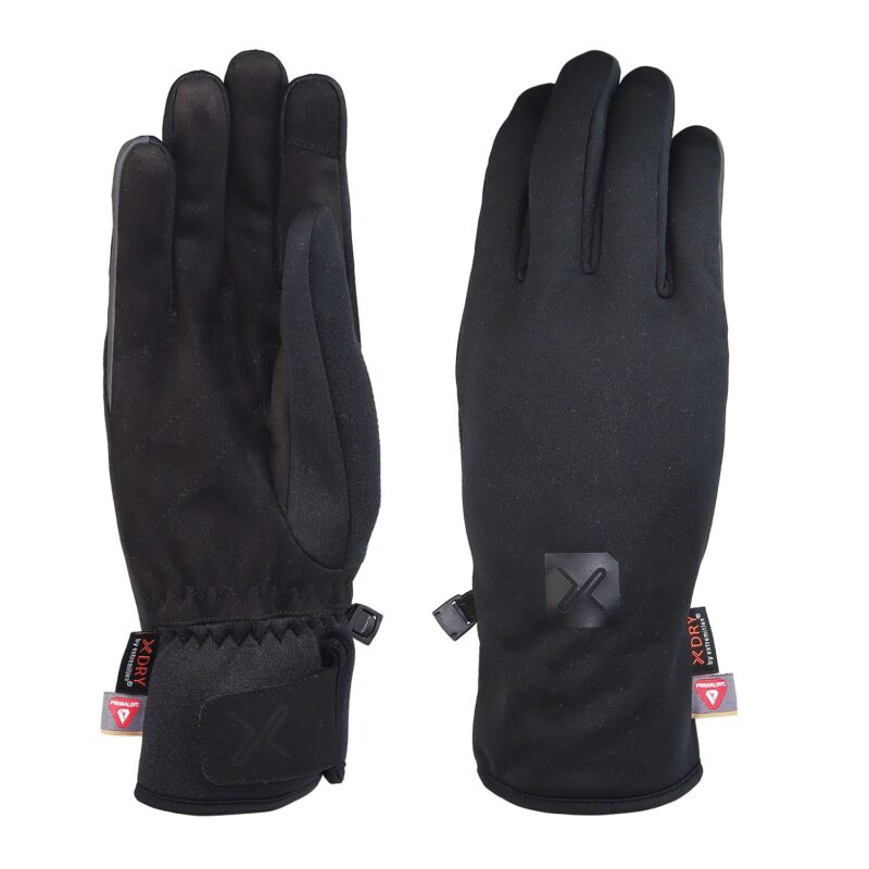 Pair of black winter gloves with long cuffs and adjustable Velcro wrist straps, left glove shown palm-up with textured grip and tag, right glove shown back-up displaying a subtle brand logo and small label tags.