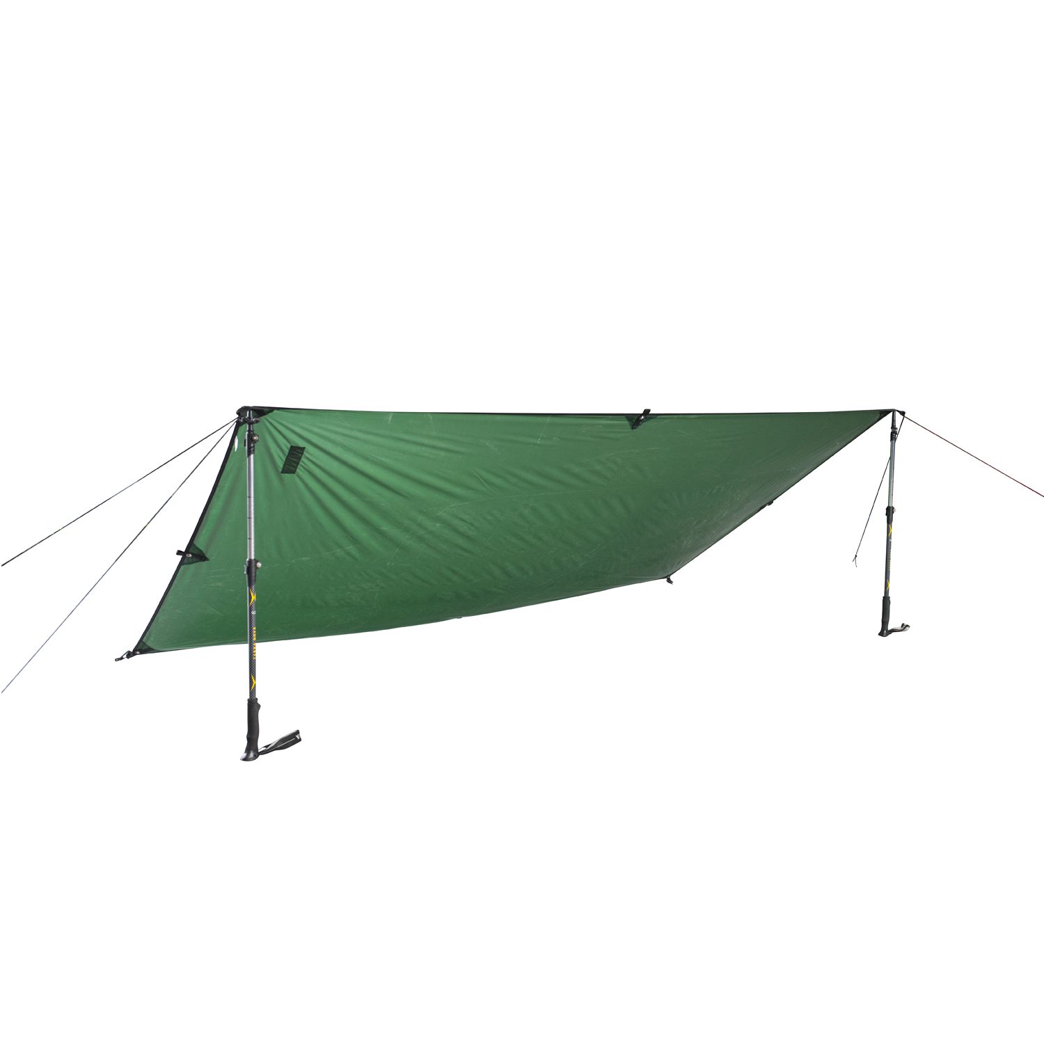 Green rectangular camping tarp pitched as a low lean-to shelter, stretched between two adjustable trekking poles and secured with guy lines and stake points