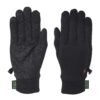Pair of black gloves laid flat—left glove palm up with raised X-pattern silicone grip and touchscreen-friendly thumb/index tips, right glove back up with a small orange logo and elastic cuffs showing green 'XECO recycled content' tags.
