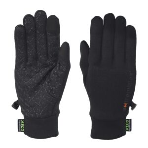 Pair of black gloves laid flat—left glove palm up with raised X-pattern silicone grip and touchscreen-friendly thumb/index tips, right glove back up with a small orange logo and elastic cuffs showing green 'XECO recycled content' tags.