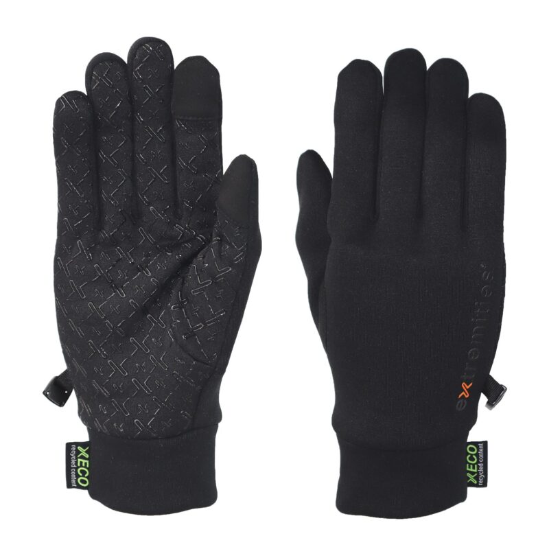 Pair of black gloves laid flat—left glove palm up with raised X-pattern silicone grip and touchscreen-friendly thumb/index tips, right glove back up with a small orange logo and elastic cuffs showing green 'XECO recycled content' tags.