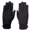 Pair of black touchscreen-friendly gloves laid flat, left glove showing a textured rubberised X-pattern grip on the palm and reinforced thumb, right glove showing a smooth back with a fitted wrist cuff and small fabric brand tags.
