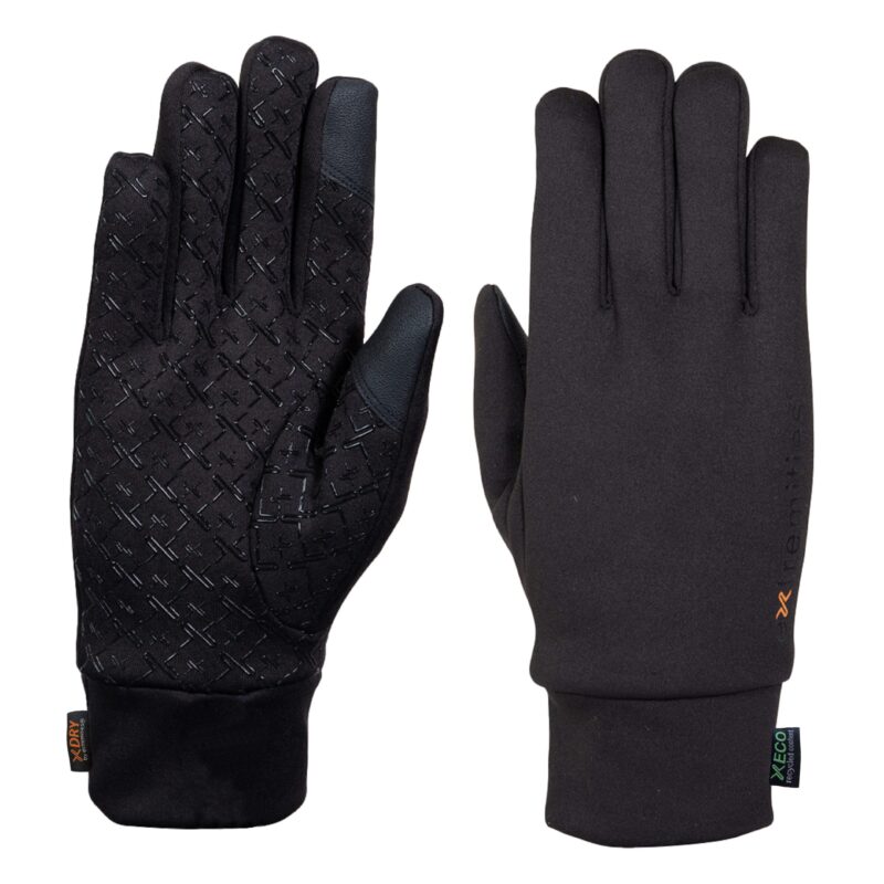 Pair of black touchscreen-friendly gloves laid flat, left glove showing a textured rubberised X-pattern grip on the palm and reinforced thumb, right glove showing a smooth back with a fitted wrist cuff and small fabric brand tags.