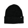 Black ribbed knit beanie with a folded cuff and a small white embroidered X logo on the right side, displayed on a plain white background.