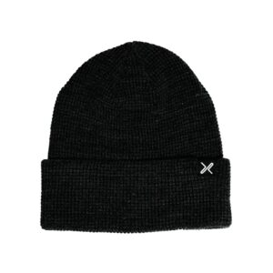 Black ribbed knit beanie with a folded cuff and a small white embroidered X logo on the right side, displayed on a plain white background.