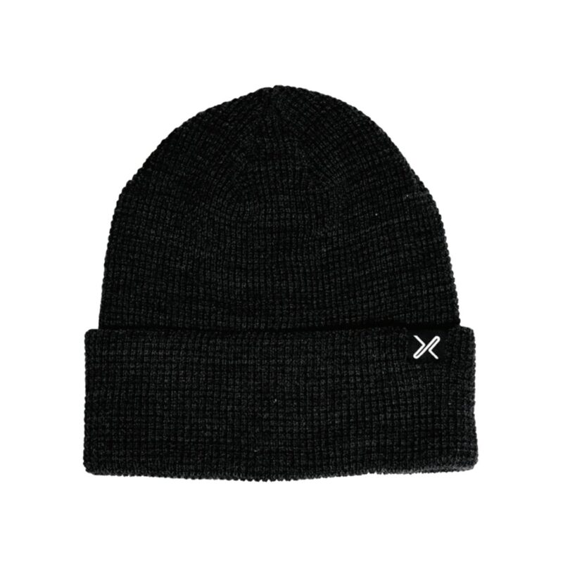 Black ribbed knit beanie with a folded cuff and a small white embroidered X logo on the right side, displayed on a plain white background.
