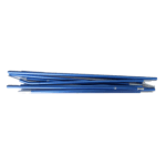 Multiple blue aluminium tent pole segments with small metal connectors, stacked horizontally on a plain white background.