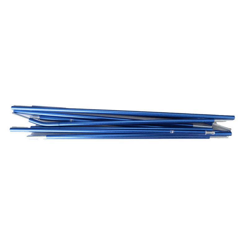 Multiple blue aluminium tent pole segments with small metal connectors, stacked horizontally on a plain white background.