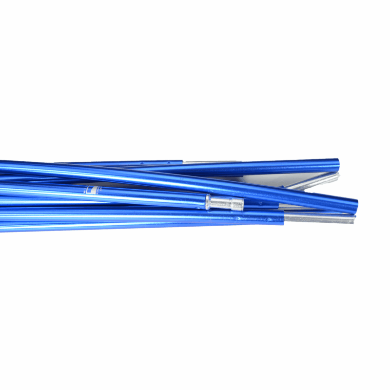 A bundle of metallic blue collapsible tent poles with silver ferrule connectors arranged horizontally against a white background.