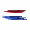 Two bundles of segmented aluminium tent poles, one red and one blue, with metal ferrule connectors arranged on a white background.
