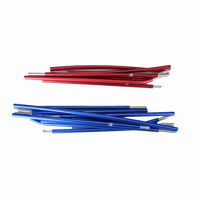 Two bundles of segmented aluminium tent poles, one red and one blue, with metal ferrule connectors arranged on a white background.