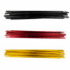 Three horizontal bundles of glossy, segmented aluminium tent pole sections—black at the top, red in the middle and yellow at the bottom—laid on a plain white background.