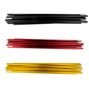 Three horizontal bundles of glossy, segmented aluminium tent pole sections—black at the top, red in the middle and yellow at the bottom—laid on a plain white background.
