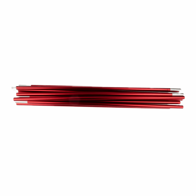 A stack of red aluminium tent pole sections with silver connector tips arranged horizontally on a white background.