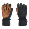 Pair of insulated winter gloves with brown leather palms and black fabric backs, elasticated wrist cuffs, reinforced black fingertips and a small clip to fasten the gloves together.