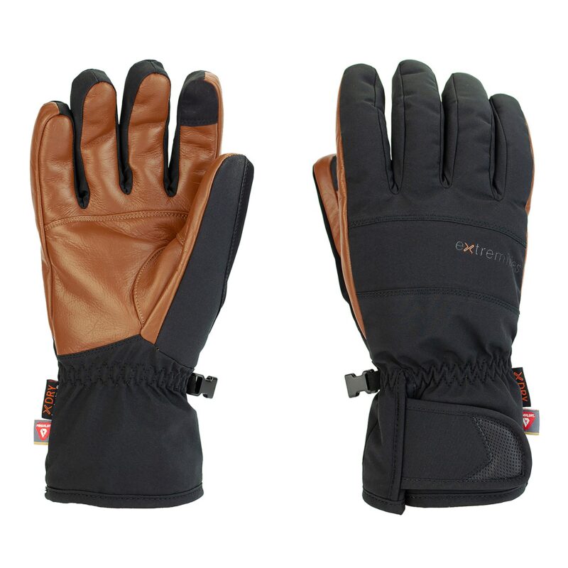 Pair of insulated winter gloves with brown leather palms and black fabric backs, elasticated wrist cuffs, reinforced black fingertips and a small clip to fasten the gloves together.