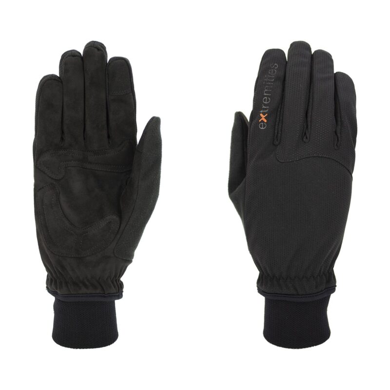 Two black gloves laid flat side-by-side — left shows a suede-like padded palm with grip stitching and elastic wrist, right shows a textured back with a small orange-and-grey "extremities" logo and a knitted cuff.