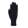 Single black knitted glove shown palm-down with grey touchscreen tips on the thumb and index finger and a vertical white-and-yellow "extremities" logo on the back.