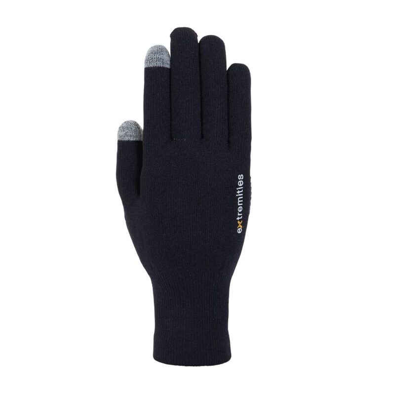 Single black knitted glove shown palm-down with grey touchscreen tips on the thumb and index finger and a vertical white-and-yellow "extremities" logo on the back.