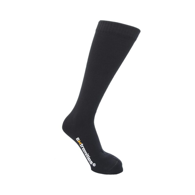 Black knee-high sock with a ribbed cuff and an Extremities logo in white and yellow on the sole, shown on a plain white background.