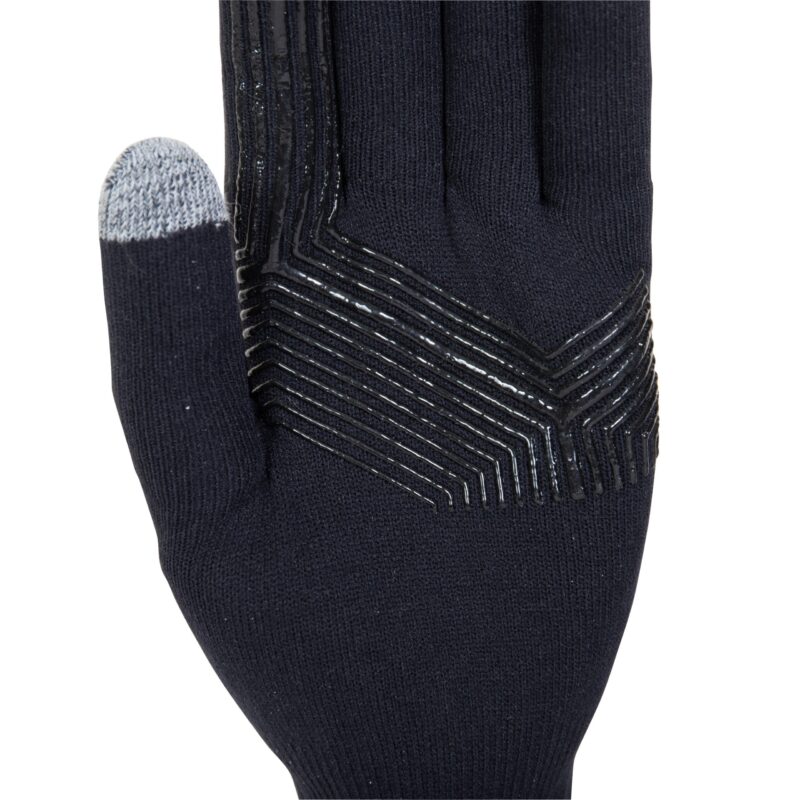 Close-up of a dark navy knitted glove with a grey touchscreen tip on the thumb and glossy black chevron grip lines across the palm on a white background.