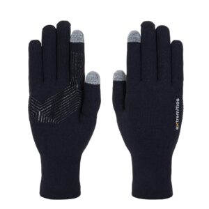 Pair of black knit touchscreen gloves on a white background, left glove palm-up showing a black silicone chevron grip and grey conductive tips on thumb and index, right glove back-up displaying a small extremities logo and grey conductive fingertips.