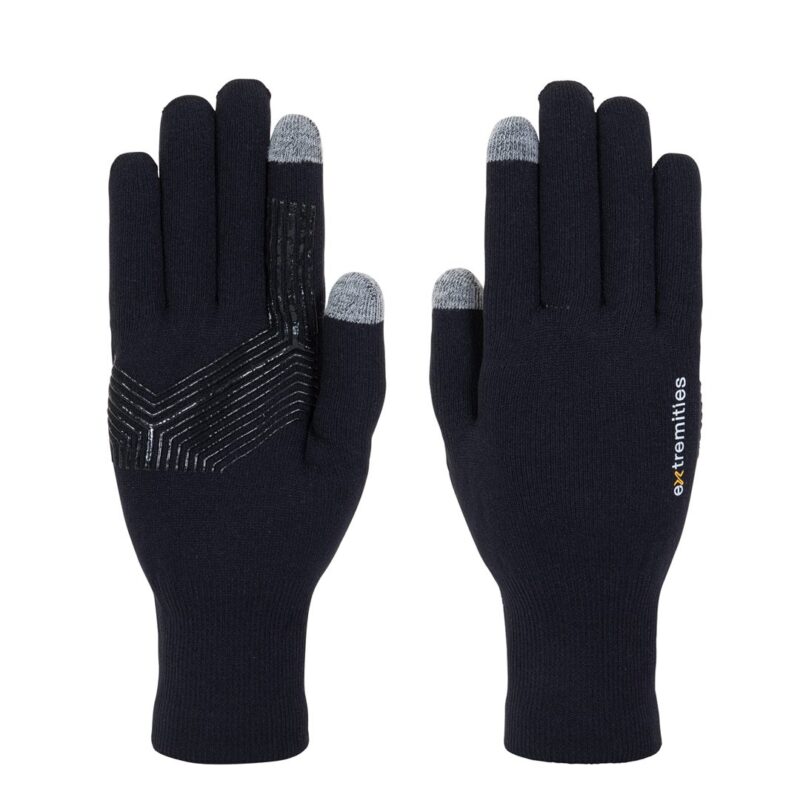Pair of black knit touchscreen gloves on a white background, left glove palm-up showing a black silicone chevron grip and grey conductive tips on thumb and index, right glove back-up displaying a small extremities logo and grey conductive fingertips.