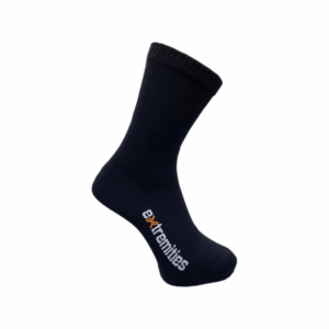 Black mid-calf sock with a ribbed cuff and a white embroidered "8xtremities" logo featuring an orange 'x', shown against a plain white background.