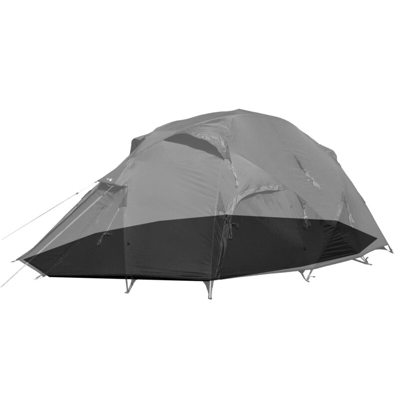 Grey dome-style camping tent with zippered front door, rainfly, front vestibule, aluminium pole supports and guy lines, shown isolated on a white background.