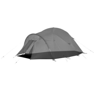 Dome-style grey camping tent with a small front vestibule, taut guy lines and stakes, shown as a product image on a plain white background.