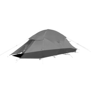 Grey dome-style camping tent with an extended front vestibule and rainfly, supported by external poles and tensioned guylines, shown on a plain white background.