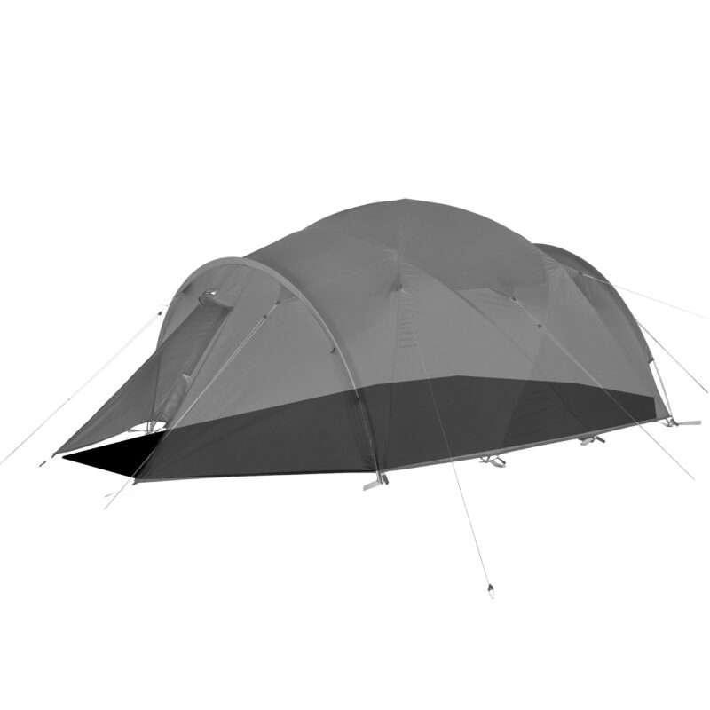 Large grey tunnel-style camping tent with multiple arched poles, a small front porch canopy, dark waterproof base and tensioned guy lines, photographed on a white background.