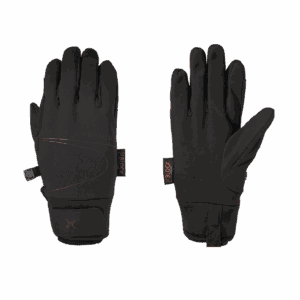 Pair of black insulated winter gloves laid flat on a white background, left glove showing the back with a wrist strap and subtle stitched detailing, right glove showing the palm with reinforced thumb and fingertips and a small X-BLOCK fabric tag