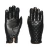 Pair of black leather gloves on a white background: left glove shows a smooth palm with reinforced thumb and split brown-trimmed cuff; right glove displays a diamond-quilted back with a matching brown-trimmed cuff and snap.