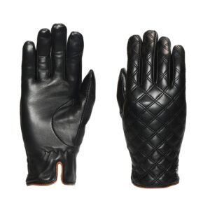 Pair of black leather gloves on a white background: left glove shows a smooth palm with reinforced thumb and split brown-trimmed cuff; right glove displays a diamond-quilted back with a matching brown-trimmed cuff and snap.