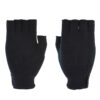 Pair of black knitted fingerless gloves laid flat on a white background, with ribbed wrist cuffs and open fingertips.