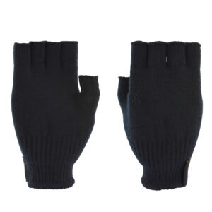 Pair of black knitted fingerless gloves laid flat on a white background, with ribbed wrist cuffs and open fingertips.