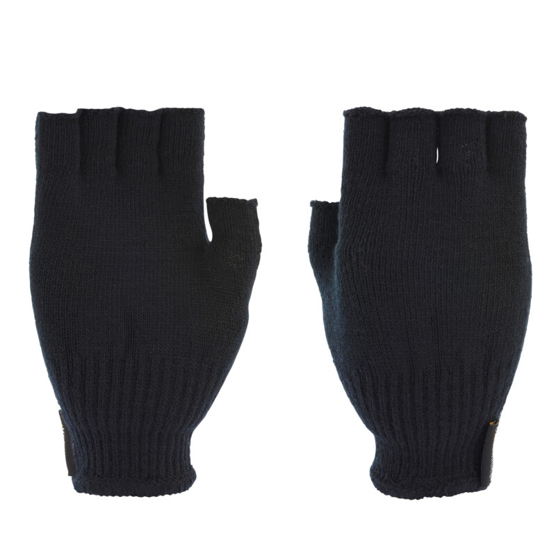 Pair of black knitted fingerless gloves laid flat on a white background, with ribbed wrist cuffs and open fingertips.